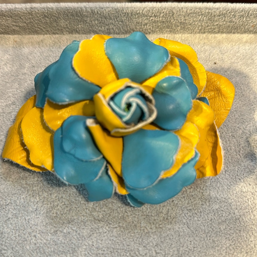 Fabulous Leather Blue and Yellow Flower Barrette